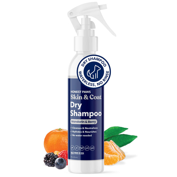 Honest Paws Dog Dry Shampoo - Waterless No Rinse Spray Formula Reducing Itch Cleanse Hydrate Nourish Dry Skin and Smelly Coat Help Decrease Odor Shedding and Allergies - Mandarin & Berry - 8 oz