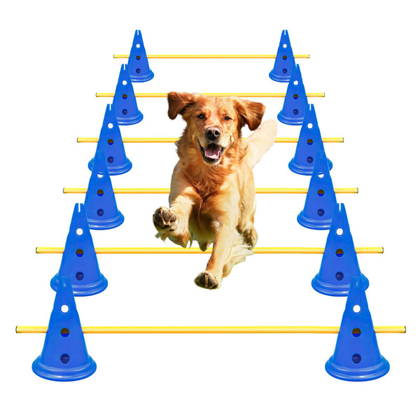 AEDNX Dog Agility Hurdle Cone Set Dog Agility Course Backyard Set Include 12 Agility Cones 6 Agility Rods Agility Training Equipment Height Adjustable Obstacle with Storage Bag Blue