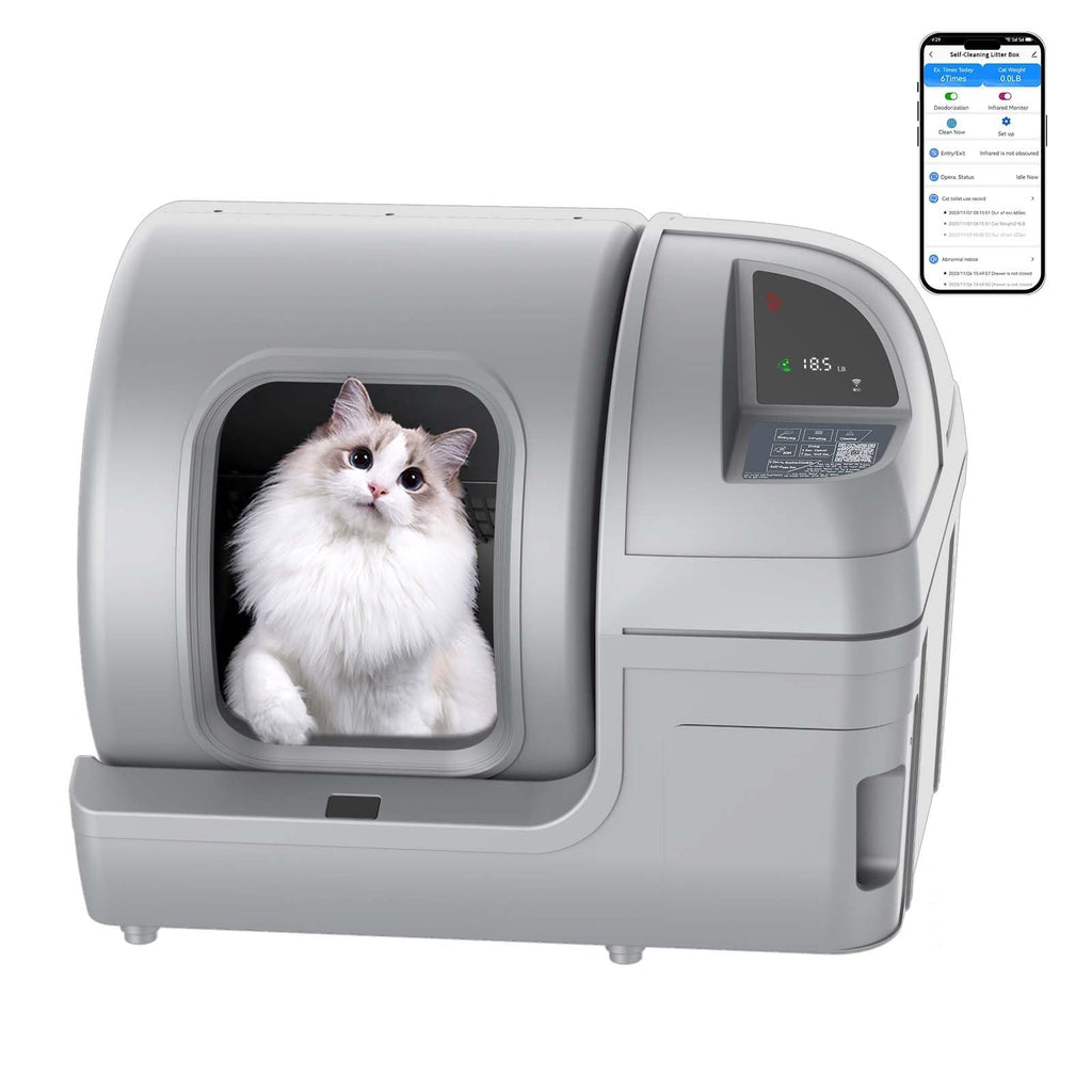 Self Cleaning Litter Box - 100L Large Capacity Cat Litter Box with App Smart Control for Automatic Cleaning, Suitable for Multiple Cats, Gray