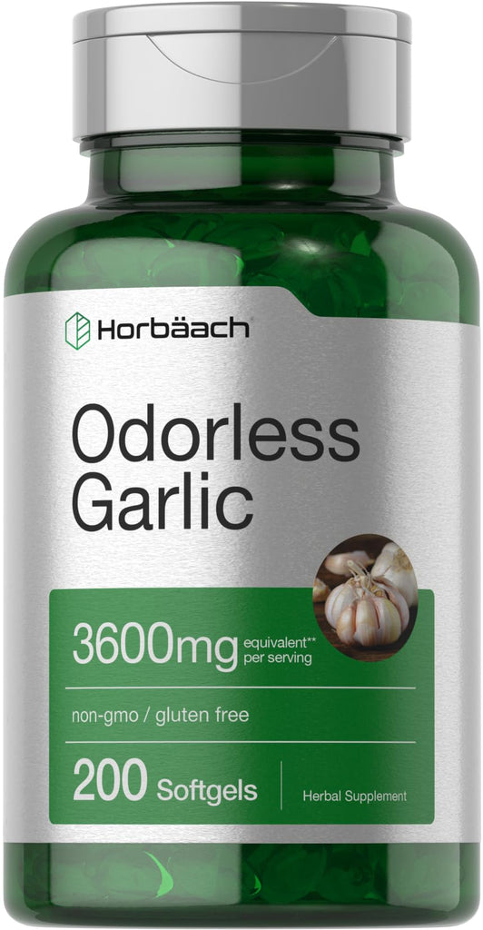 Horbäach Odorless Garlic Softgels | 200 Count | Ultra Potent Garlic Extract | Non-GMO & Gluten Free Supplement