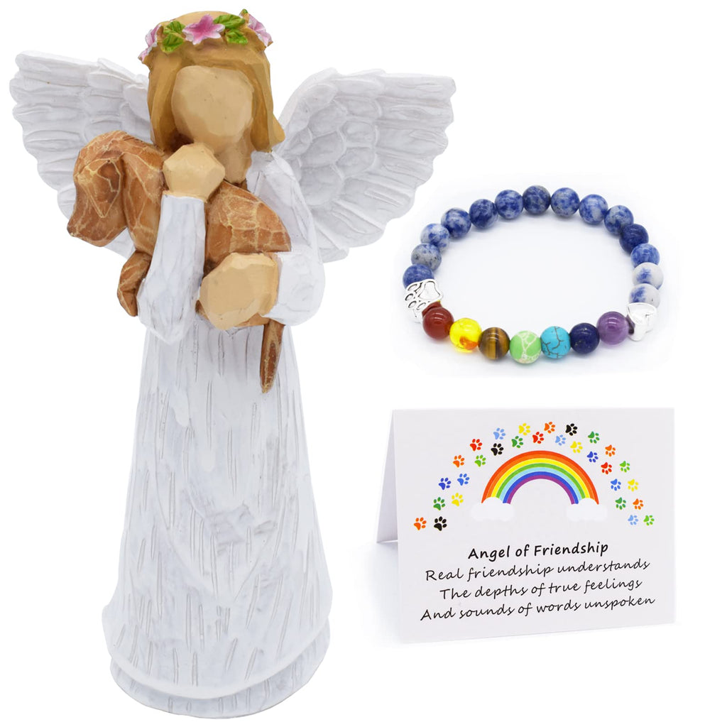 Angel of Friendship Pet Memorial Gift – Dog Remembrance Angel Figurine with 7 Chakra Rainbow Bridge Bracelet, Sympathy Gift for Loss of a Beloved Dog