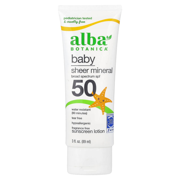 Alba Botanica Baby Sunscreen for Face and Body, Sheer Mineral Sunscreen Lotion, Broad Spectrum SPF 50, Water Resistant and Fragrance-Free, 3 Fl Oz (Packaging May Vary)