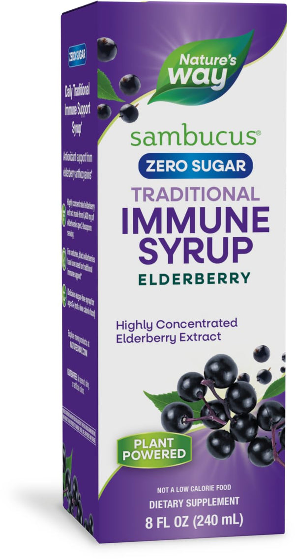 Nature’s Way Sambucus Zero Sugar Traditional Immune Syrup, Highly Concentrated Black Elderberry Extract, Traditional Immune Support*, Sugar-Free, Berry Flavored, 8 Fl Oz (Packaging May Vary)