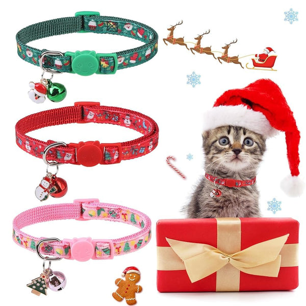 BINGPET Cat Collar, 3 Pack Adjustable Breakaway, Cute Kitty Collars with Bell, Christmas, for Girl Boy Cats & Small Pets