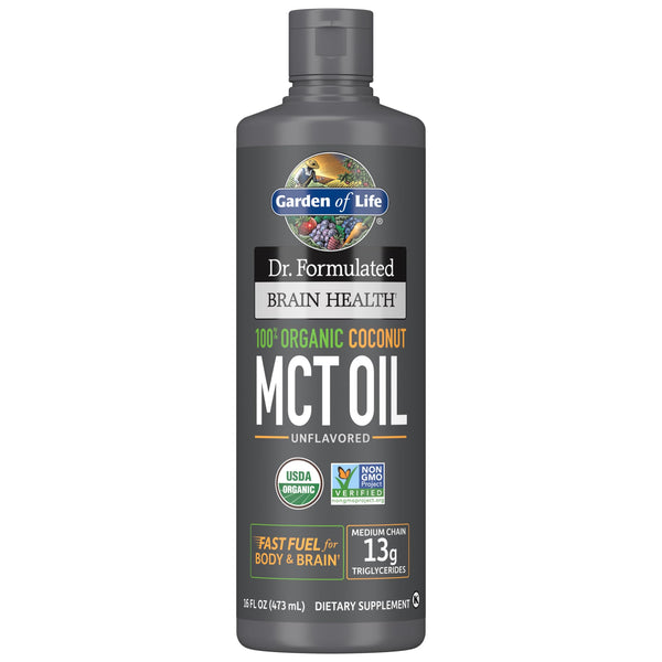 Garden of Life Dr. Formulated Brain Health 100% Organic Coconut MCT Oil 16 fl oz Unflavored, 13g MCTs, Keto & Paleo Diet Friendly Body & Brain Fuel, Certified Non-GMO Vegan & Gluten Free, Hexane-Free