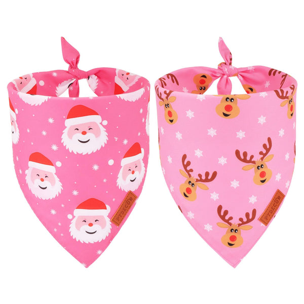 PTDECOR Christmas Dog Bandana,Xmas Pink Scarf Santa Deer Reversible Holiday Dog Scarf, Female Christmas Bandanas for Medium Large Dogs Pets (Large)
