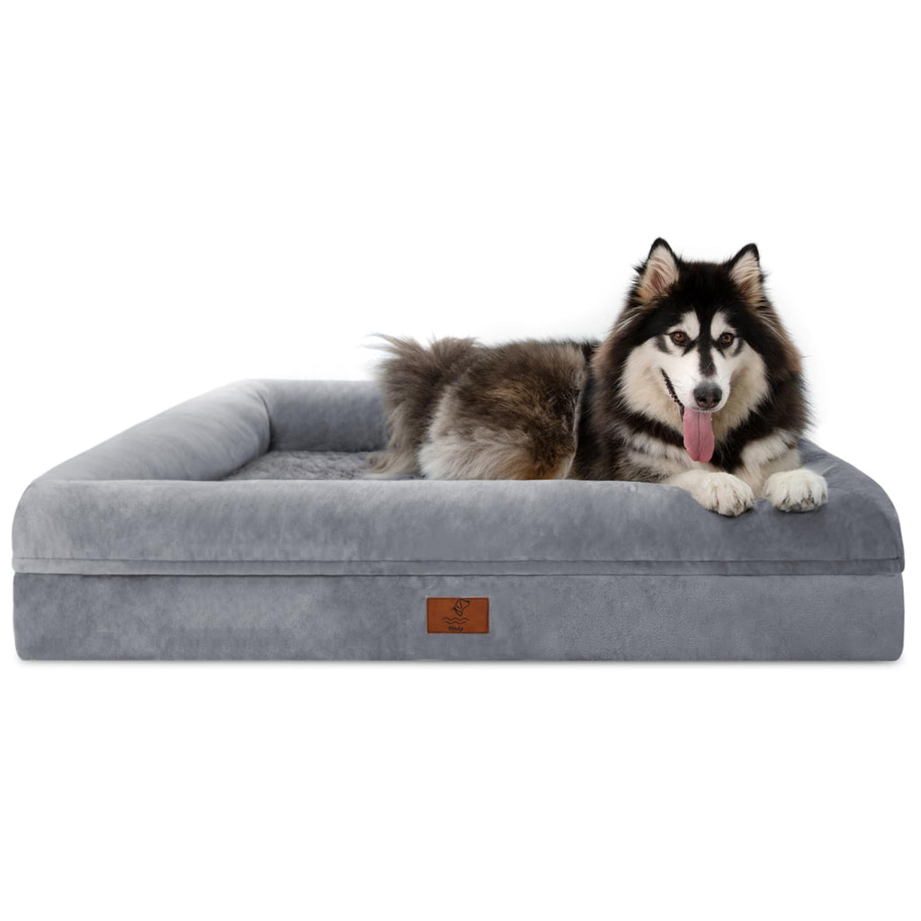 Yiruka XL Orthopedic Dog Bed for Large Dogs, Big Waterproof Dog Bed with Removable Washable Cover, 4-Sides Removable Bolster Pet Couch Sofa with Non-Slip Bottom, Grey