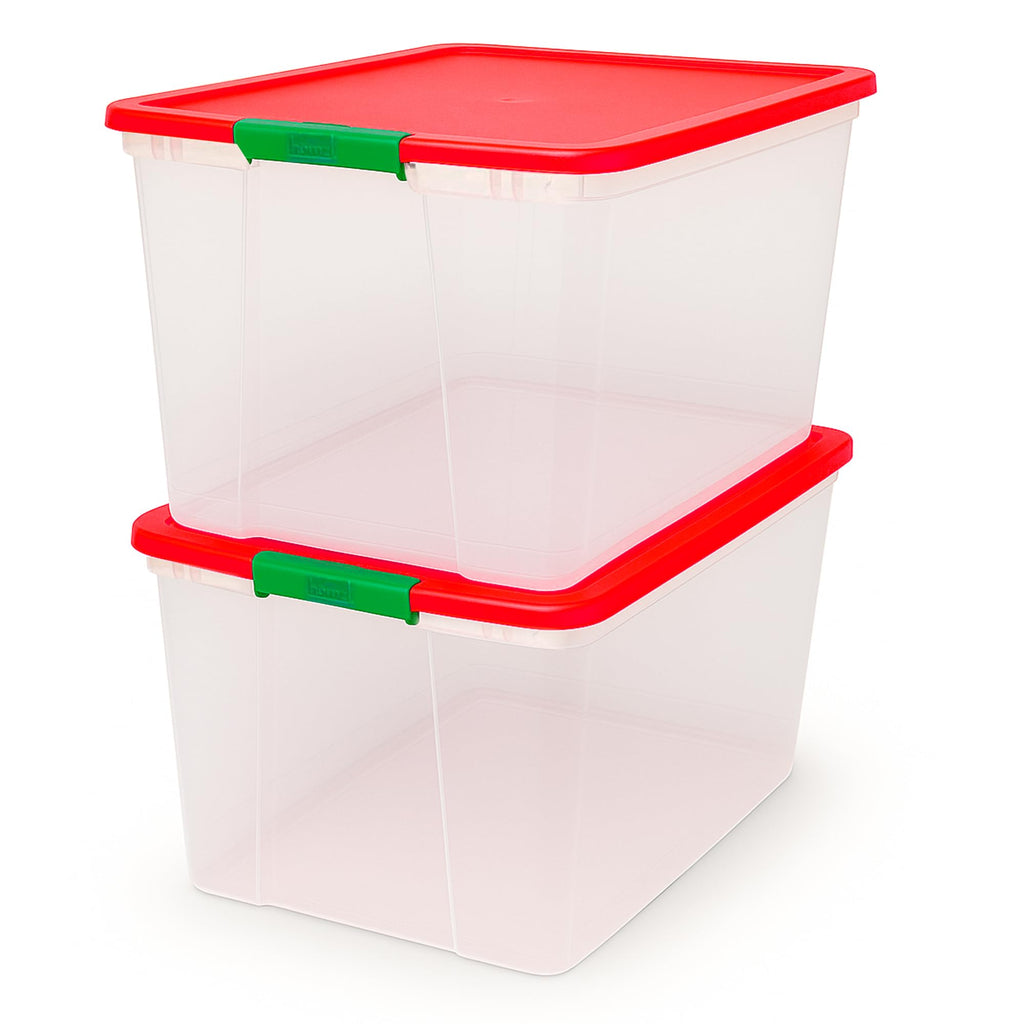 HOMZ 2 Pack Secure Latch, Clear Plastic Storage Organizer Bins, 64 Quart, Red Lid - Stackable Container Boxes for Bedroom, Bathroom, Garage, and Office Organization