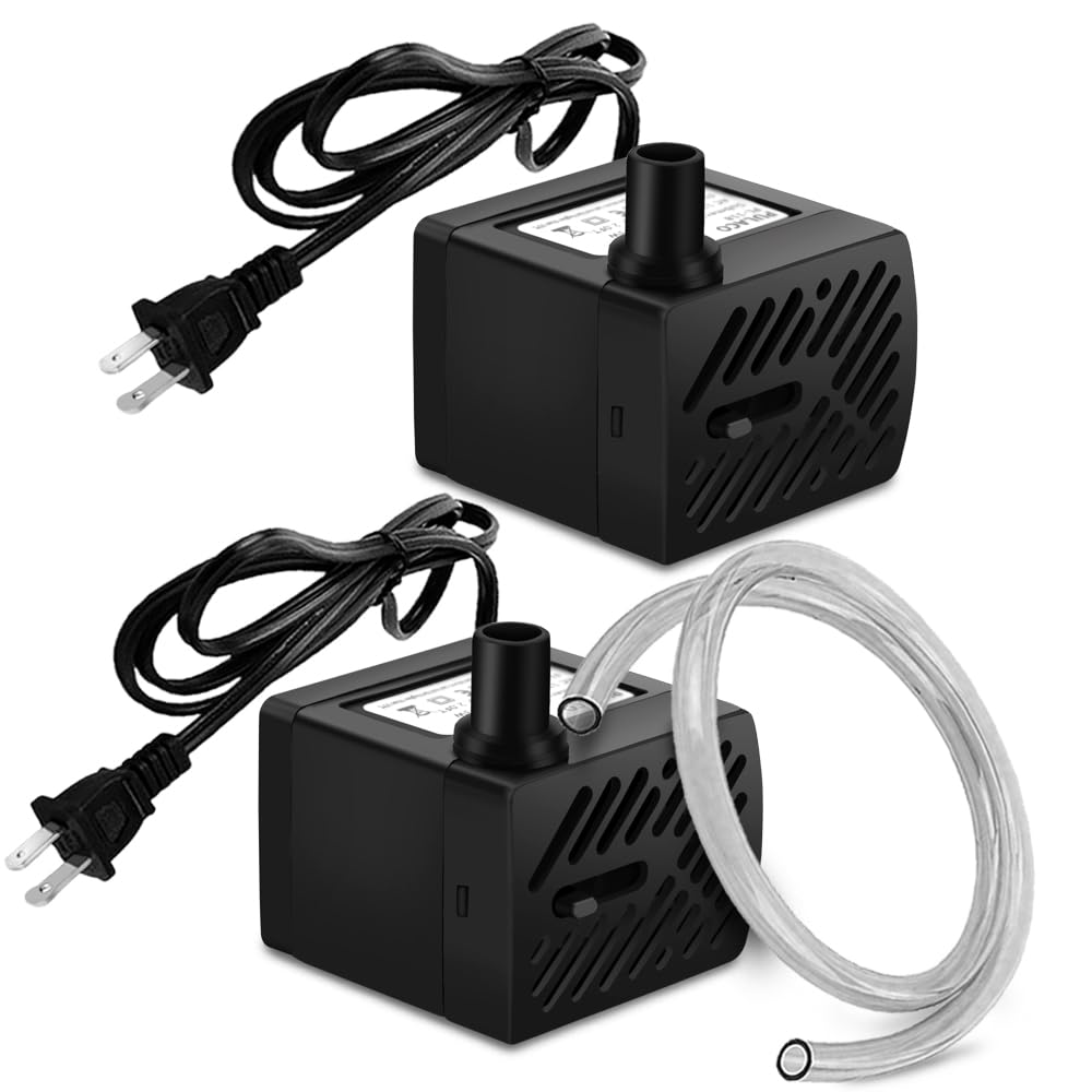 PULACO 2Pcs Mini Fountain Pump (50GPH 3W), Ultra Quiet Submersible Water Pump for Aquarium, Small Fish Tank, Pet Water Fountain, Tabletop Fountains, Water gardens and Hydroponic Systems