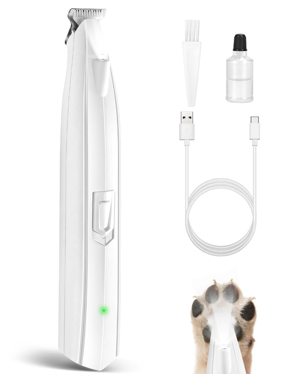 lexflext Dog Paw Trimmer for Grooming, Cordless Electric Dog Clippers with LED Light, Rechargeable Low Noise Small Pet Shaver for Trimming Cat's Hair Around Eyes, Faces, Ears, Paws, Rump(White)