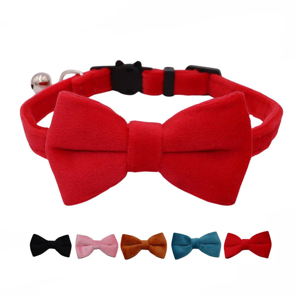 WDPAWS Cat Collar Breakaway with Bell and Removable Bow Tie Safety Buckle Velvet Adjustable 7-11 inches for Kitten Cats (Red)