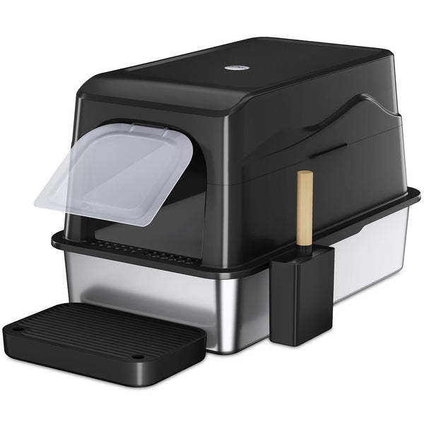 Barhon Stainless Steel Litter Box with Lid, Covered Cat Litter Boxes for Big Cat, Extra Large Enclosed Metal Litter Box with High Sides, Removable Lid, Non-Sticky, Easy to Clean (Black)