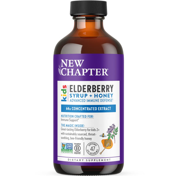 New Chapter Elderberry Kids Syrup, Advanced Immune Defense for Ages 2+, 64x Concentrated Elderberry, Sweetened with Throat-Soothing Grade A Honey, Non-GMO Project Verified, 4 Fl Ounce