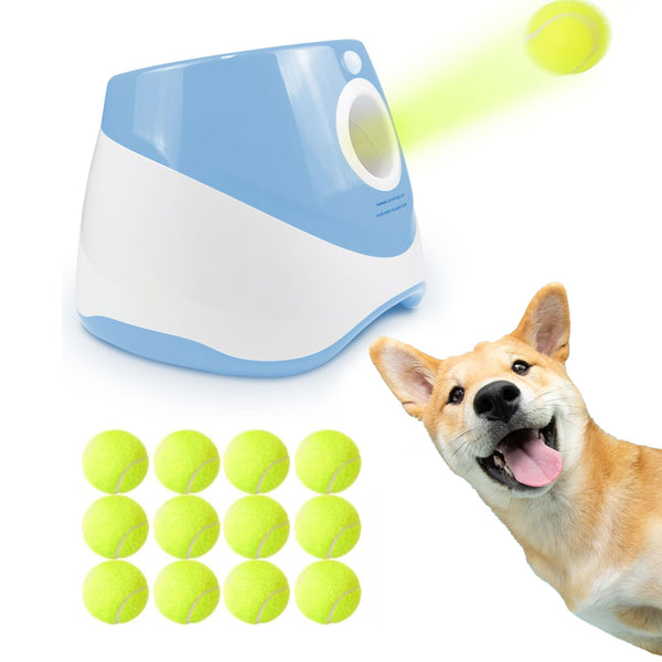 Soottaci Automatic Dog Ball Launcher for Small Dogs, Interactive Ball Thrower Adjustable Distance 10-30ft with 12 Mini Tennis Balls, Dog Toys for Indoor and Outdoor Fetch Games (Blue)