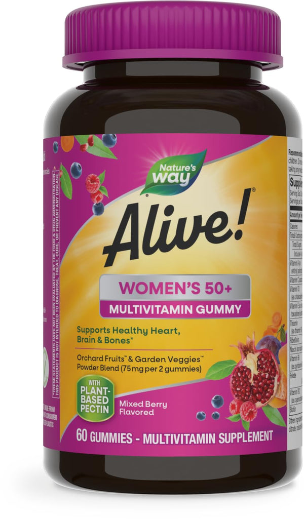 Nature's Way Alive! Women’s 50+ Daily Gummy Multivitamins, Supports Multiple Body Systems*, Supports Healthy Heart, Brain & Bones,* B-Vitamins, Mixed Berry Flavored, 60 Gummies (Packaging May Vary)