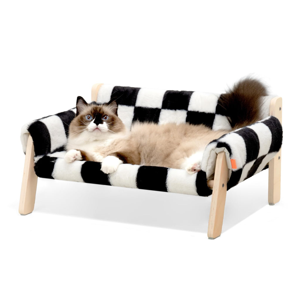 MEWOOFUN Cat Couch Bed, Pet Sofa for Indoor Cats Wooden Indoor Elevated Cat Beds with Removable Mattress Cover Suitable for Kitty, Puppy or Small Animal (Chessboard, Medium)
