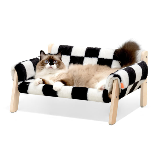 MEWOOFUN Cat Couch Bed, Pet Sofa for Indoor Cats Wooden Indoor Elevated Cat Beds with Removable Mattress Cover Suitable for Kitty, Puppy or Small Animal (Chessboard, Medium)