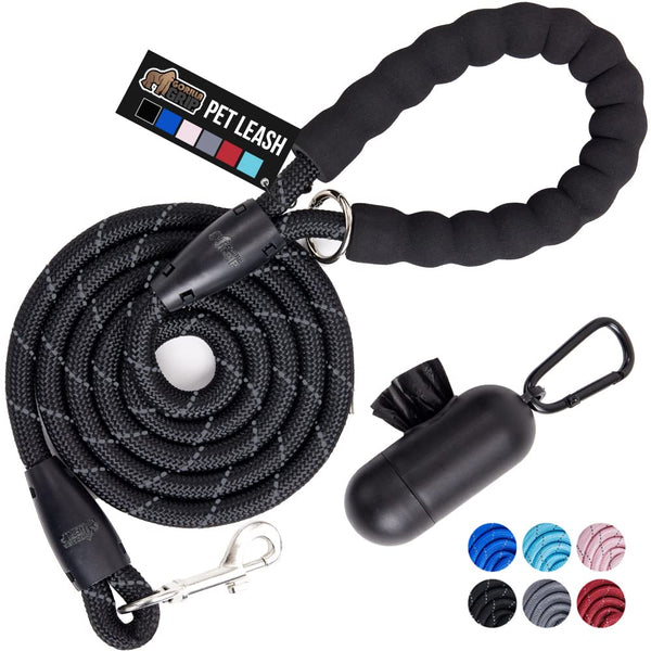 GORILLA GRIP Dog Leash, Heavy Duty Reflective Rope Leashes for Large, Medium, Small Breed Dogs, Puppy Training Essential for Walks, Hikes, Soft Handle, Rotating Metal Clip, Waste Bag Dispenser, Black