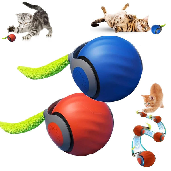 GSHLGAO Speedy Tail 2.0 Interactive Cat Toy, USB Rechargeable Automatic Moving Cat Ball for Indoor Cats, Smart Toy with Two Speed Settings & Replacement Tail (Blue+Orange) (2 Pcs)
