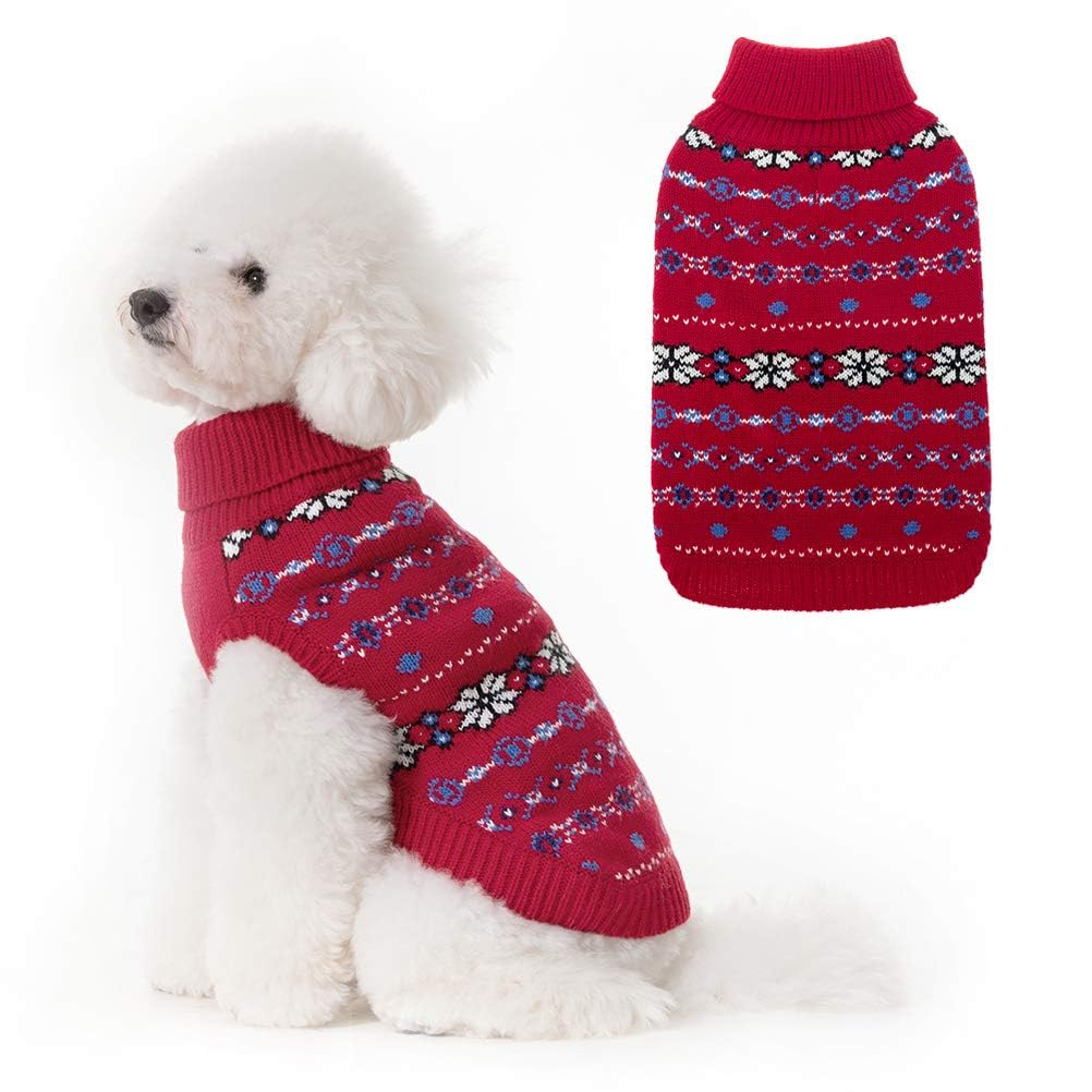 BINGPET Dog Sweater - Christmas Winter Warm Dog Clothes - Turtleneck Sweater for Small Medium Large Dogs - Classic Snowflake Doggy Knitwear Clothes