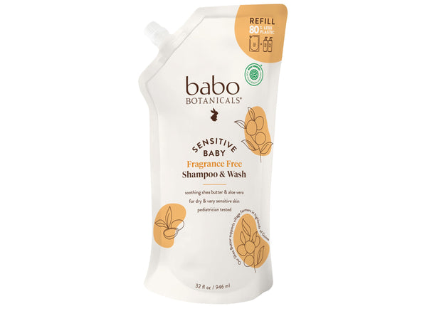 Babo Botanicals Sensitive Baby Fragrance-Free 2-in-1 Shampoo & Wash - Shea Butter, Calendula & Aloe Vera - EWG Verified - Cruelty-Free- Pediatrician Tested - For Babies & Kids - Refill pouch 32 fl.oz.