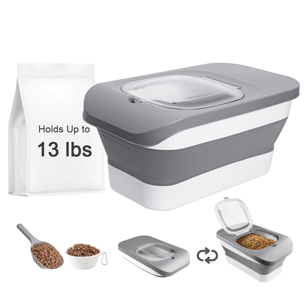 13 Lbs Dog Food Container, Collapsible Dog Food Storage Container with Airtight Lid, Cat Food Storage container Dry Food for Pets, Rice, Cereal, Silicone Pet Bowl and Dog Food Scoop (Grey1-13lbs)