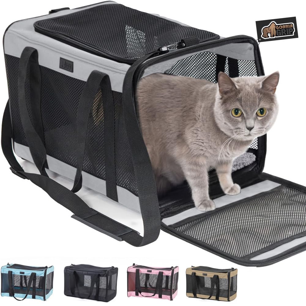 GORILLA GRIP Cat Carrier Travel Bag Up to 15 Lbs, Soft Collapsible Dog Carriers, Kennel for Small Animals, Top and Side Entry Breathable Mesh, Grip Feet Underside, Cozy Washable Waterproof Pad, Gray