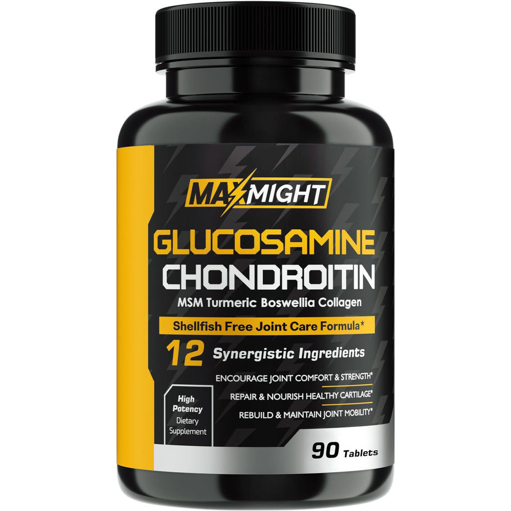 MaxMight Glucosamine Chondroitin MSM Turmeric, Boswellia, 12-in-1, Joint Comfort, Mobility, Lubrication & Strength for Men Women & Senior, 90 Tab, No Shellfish