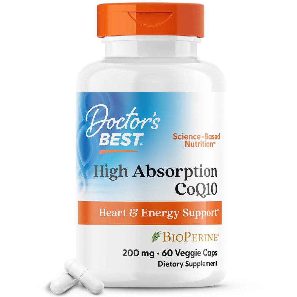 Doctor's Best High Absorption CoQ10 with BioPerine Gluten Free Naturally Fermented Vegan, Heart Health and Energy Production 200 mg 60 Veggie Caps, White