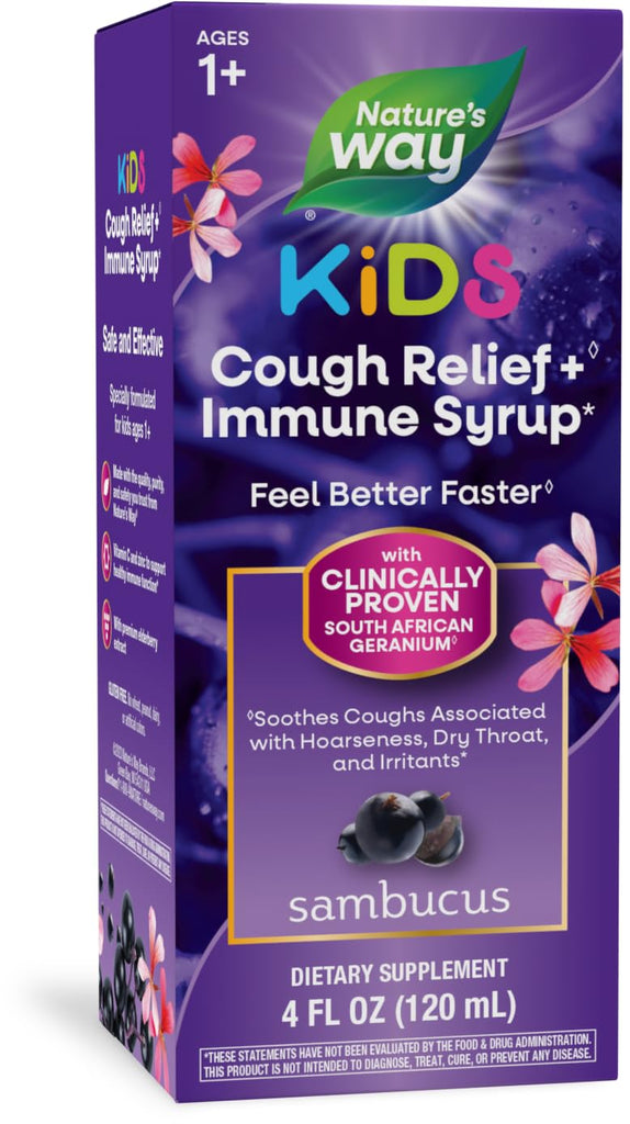 Nature’s Way Sambucus Kids Cough Relief +♢ Immune Syrup*, Feel Better Faster♢, Clinically Proven South African Geranium, with Elderberry Extract, Vitamin C & Zinc, 4 Oz.