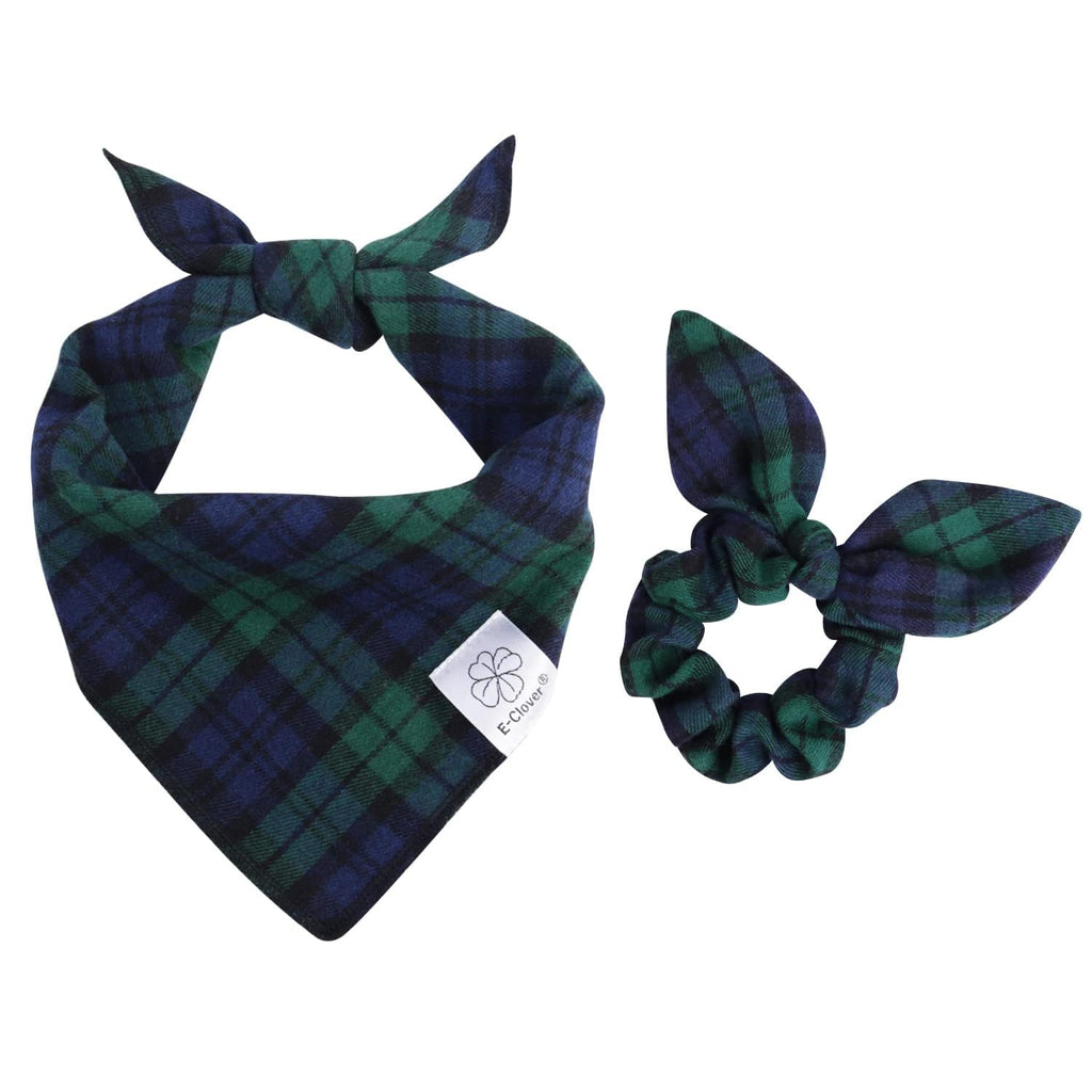 E-Clover Spring Dog Bandanas Boy & Matching Scrunchie Set Plaid Dog Scarf Kerchief for Medium Large Dog Pet Bandana Owner Gifts Blue Green