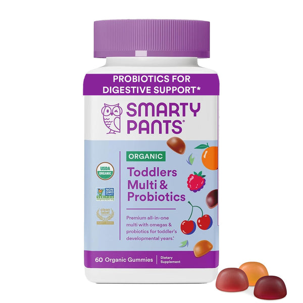 SmartyPants Organic Toddler Multivitamin Gummies: Probiotics, Omega 3 (ALA), Vitamin D3, C, Vitamin B12, B6, Vitamin A, K & Zinc, Gluten Free, Three Fruit Flavors, 60 Count (30 Day Supply)