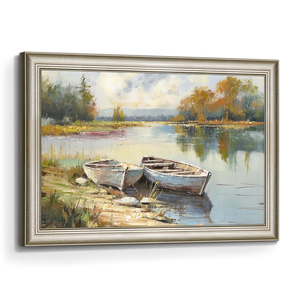 Framed Lake Canvas Wall Art: Hand Painted Landscape Picture Print Painting Large Nature Boat Scenery Artwork Living Room Bedroom Home Decor