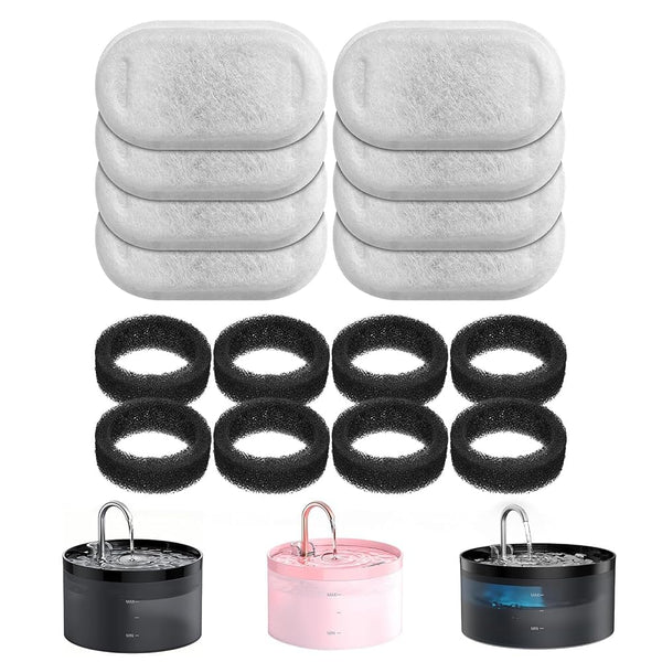GIOTOHUN 16 Cat Water Fountain Filters, 8 Pieces Filters + 8 Pieces Foam Filters for Cat Fountains, Filtering Hair (Sponge), Triple Filtering (Filter), Suitable for GIOTOHUN Cat Fountain, White