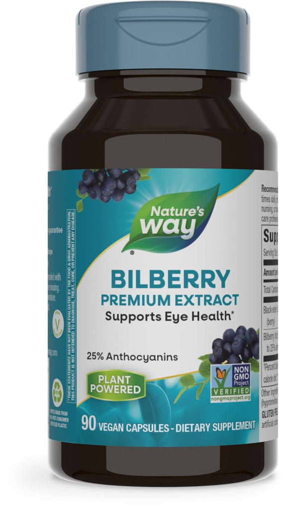 Nature's Way Bilberry Premium Extract, Supports Eye Health*, Eye Health Supplement for Adults with Black Elderberry*, Gluten Free, Vegan, 90 Capsules (Packaging May Vary)