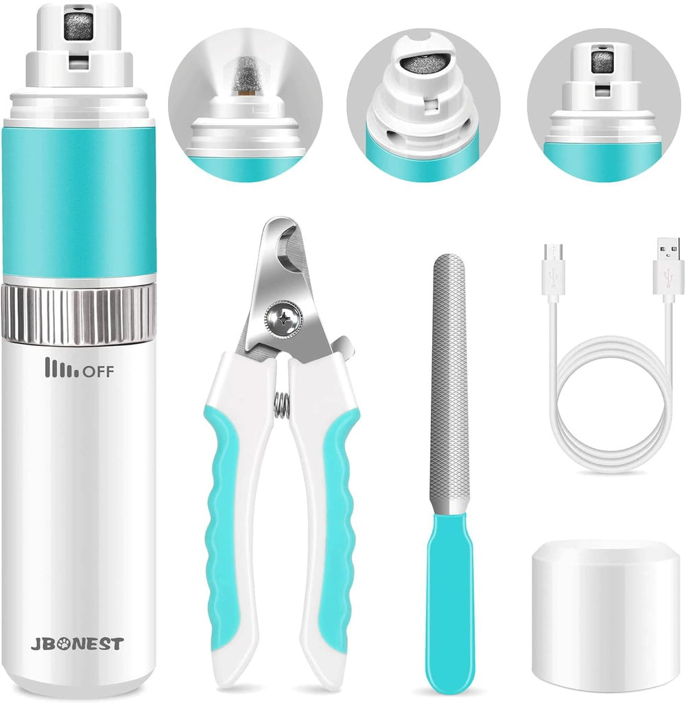 JBONEST Dog Nail Grinder Quite with 20h Working Time, Stepless Speeds Rechargeable Pet Claw Trimmer with Clipper and File for Large Medium Small Dogs Cats Pets