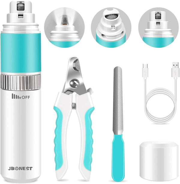 JBONEST Dog Nail Grinder Quite with 20h Working Time, Stepless Speeds Rechargeable Pet Claw Trimmer with Clipper and File for Large Medium Small Dogs Cats Pets
