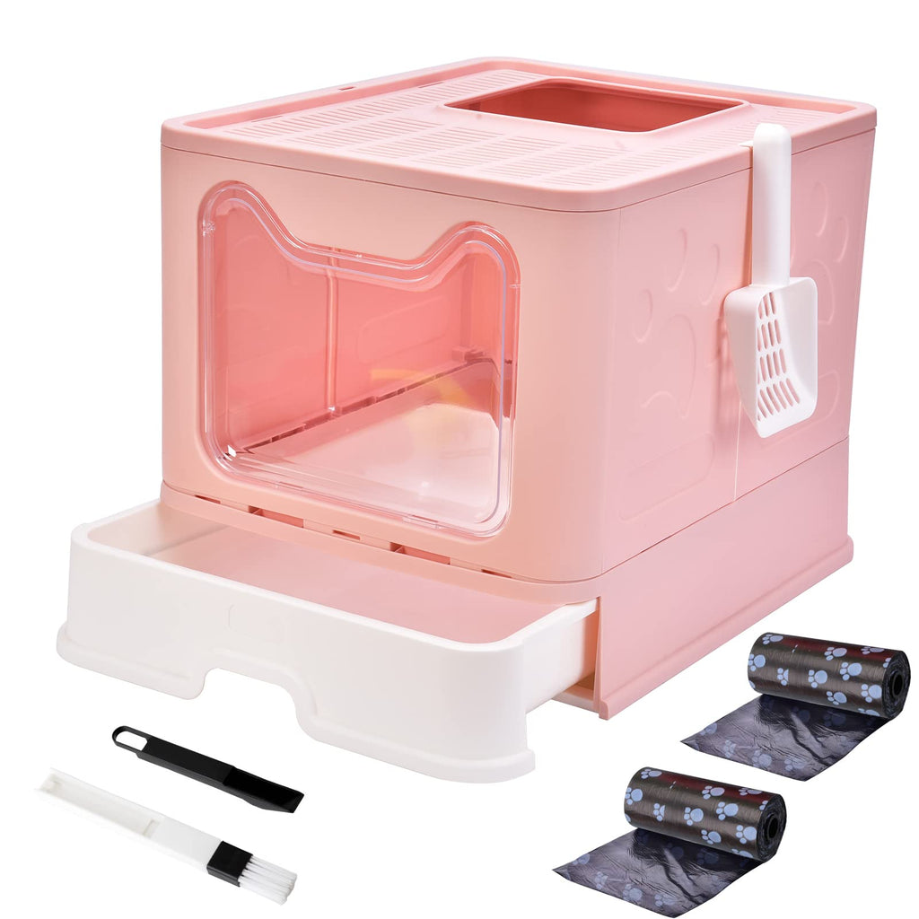 Panghuhu88 Foldable Cat Litter Box with Lid, Large Top Entry Cat Toilet, Enclosed Cat Potty Include Cat Litter Scoop, Drawer Type Easy Clean Cat Litter Pan(Pink)