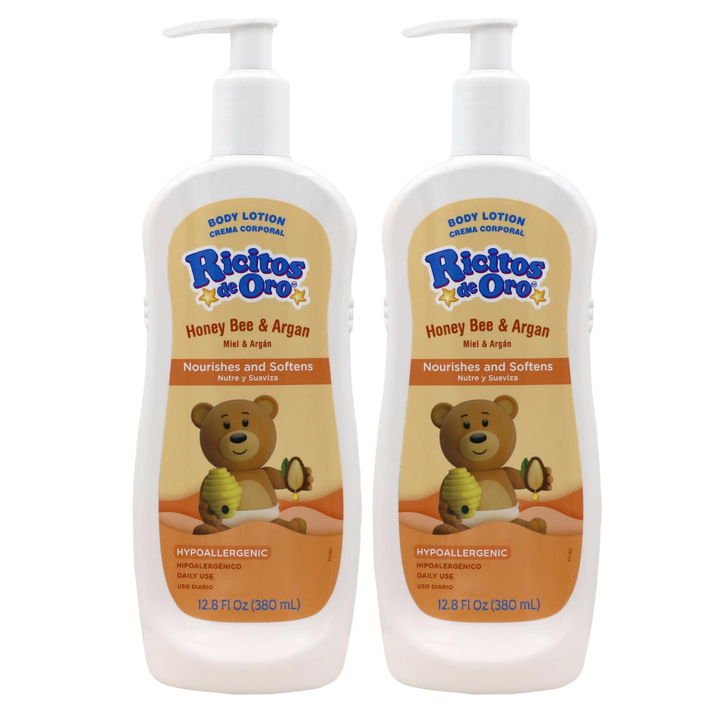 Ricitos de Oro Honey and Argan Baby Body Lotion That Helps Smooth Baby Skin -Hypoallergenic with Honey Bee Extract Delicious Scent, 2-Pack of 12.8 FL Oz Each, 2 Bottles.