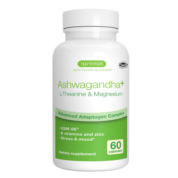 Advanced Ashwagandha KSM-66, L-Theanine & Magnesium, Clean Label, Multi Action Adaptogen Complex for Stress Support with Zinc & B Vitamins, 60 Vegan Capsules, by Igennus