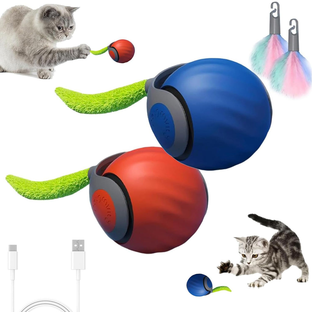 JVDJVD 2PC Speedy Tail 2.0 Interactive Cat Toy for Indoor Cats - Smart Self-Rolling Ball With Two Speed Adjustment (Orange+Blue)