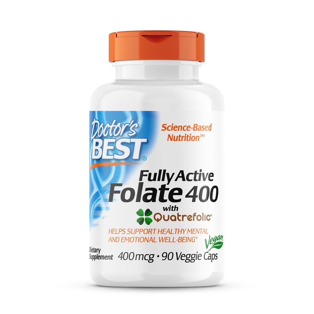 Doctor's Best Fully Active Folate with Quatrefolic NonGMO Vegan Gluten Free 400 mcg Veggie Caps, 90 Count