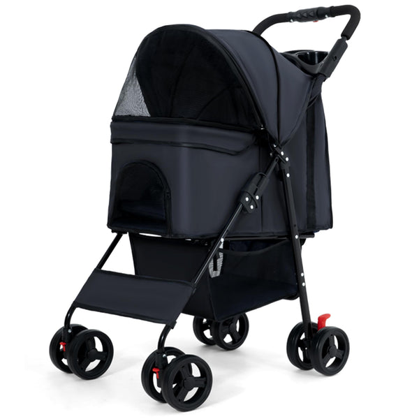 Pet Stroller (Black), Foldable, Lightweight, Medium Small Dogs Cats, Storage Basket, Cup Holder, Shock Absorption, 360 Degrees Wheels