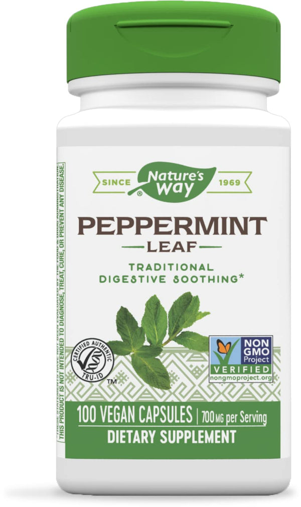 Nature's Way Premium Herbal Peppermint Leaf, Traditional Digestive Soothing and Discomfort Support*, 700mg per serving, 100 Capsules