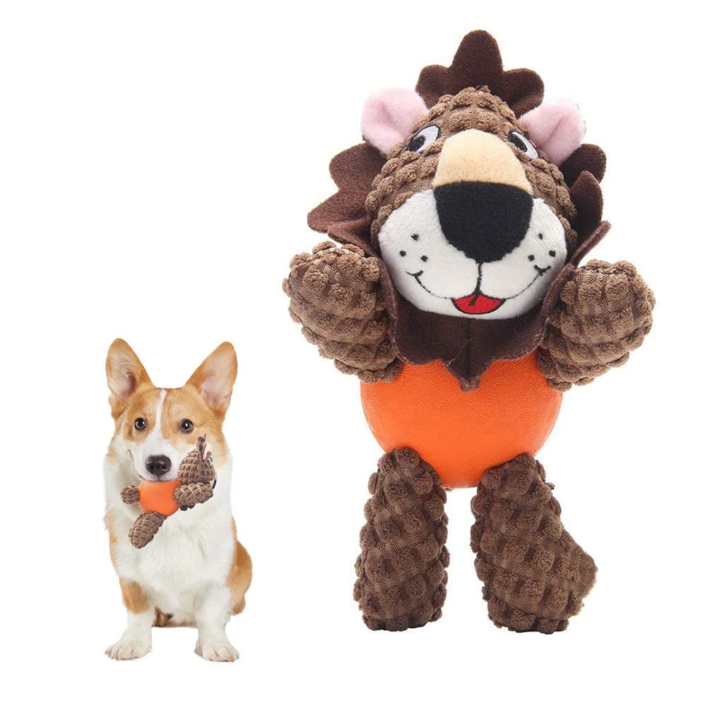 ONTWOPETS Dog Toy Plush Durable Small Dog Toys Low Stuffing Interactive Dog Plush Toys W/Squeaker Puppy Chew Toys Reduces Boredom (Small, Lion with Squeaker Rubber Ball Body)