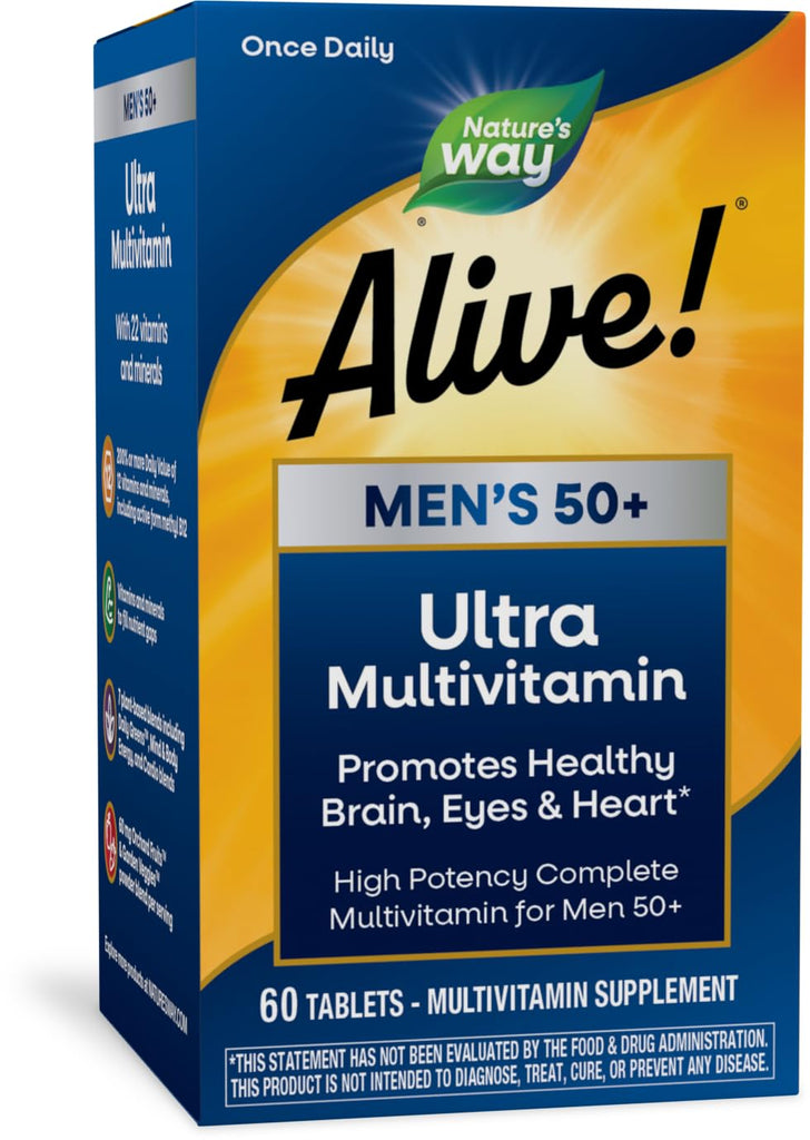 Nature's Way Alive! Men’s 50+ Daily Ultra Multivitamin, High Potency Formula, Supports Healthy Brain, Eyes & Heart*, with Methylated B12, Gluten-Free, 60 Tablets (Packaging May Vary)