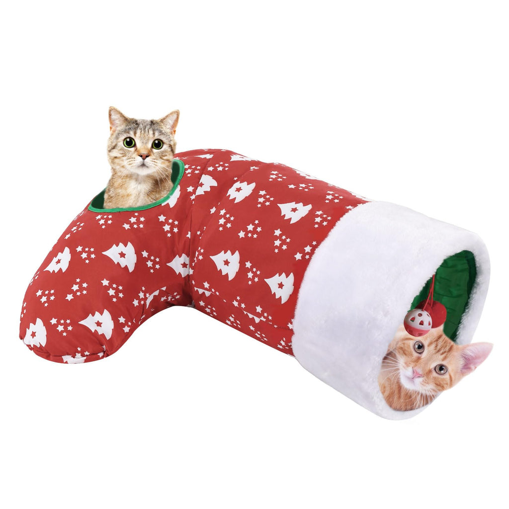 Pawaboo Cat Tunnel Christmas Sock with Bell Balls, Upgraded 2 Way Cat Tunnel Interactive Toy, Pet Xmas Stocking with Crinkle Paper & Strong Spring-Steel Frame for Cat Kitten Kitty, Red Christmas Tree