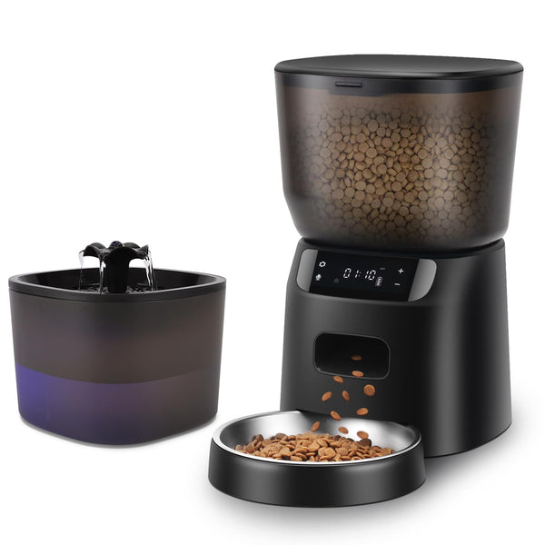 Automatic Cat Feeder and Water Fountain, 4L/16 Cups Automatic Cat Food Dispenser,10s Meal Call and Timer Setting 20 Portions 6 Meals Per Day,Pet Feeder for and Dog Black (Black)