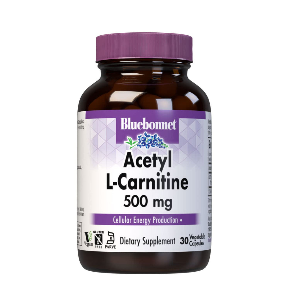 Bluebonnet Nutrition Acetyl L-Carnitine, Transports Fatty Acids, Boosts Cellular Energy, Soy & Gluten-Free, Kosher Certified, Vegan, 30 Vegetable Capsules, White, 500mg