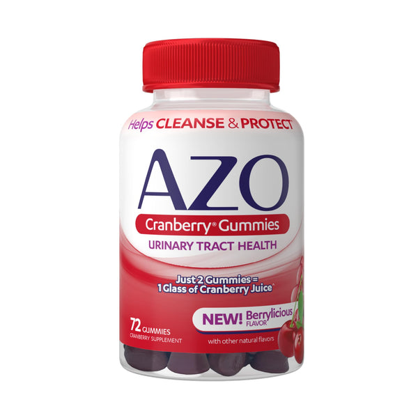 AZO Cranberry Urinary Tract Health Gummies Dietary Supplement, 2 Gummies = 1 Glass of Cranberry Juice, Helps Cleanse & Protect, Natural Berrylicious Flavor, Non-GMO, 72 Gummies